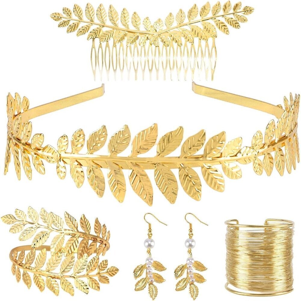 Greek Goddess Costume Accessories Set Laurel Crown Earrings Armbands Women
